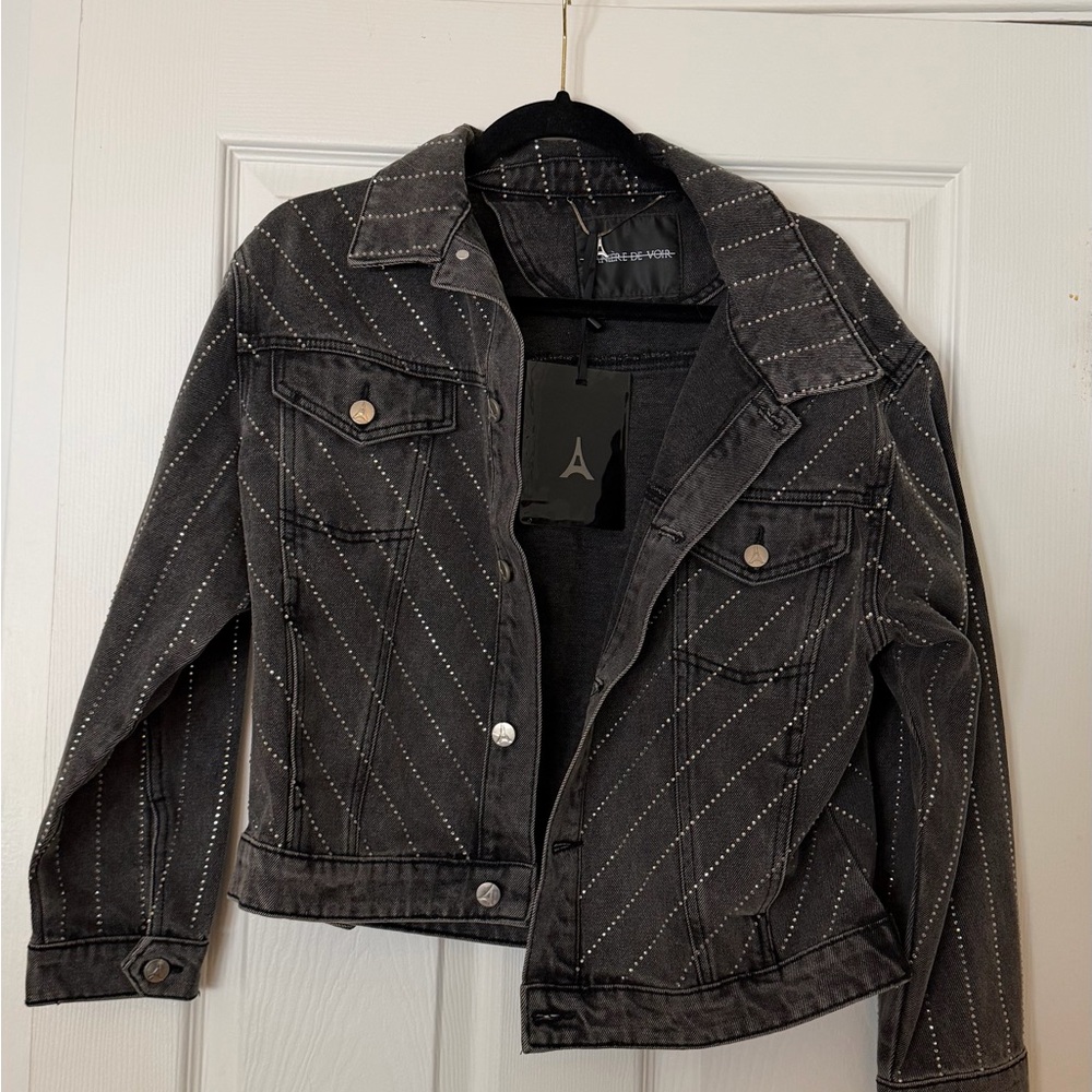 Maniere De Voir Oversized Rhinestone Denim Jacket - Washed Grey